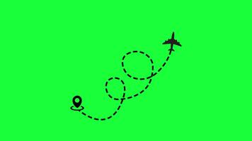 pad animatie van een vliegtuig en een stippel vlucht lijn Aan een chroma sleutel achtergrond video
