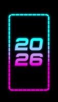 2026 Lycklig ny år neon text animation. Lycklig ny år 2026 text på vertikal mörk bakgrund. video