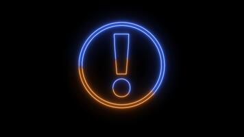 A neon red exclamation mark inside a warning triangle on a black backdrop, signifying caution or attention. video