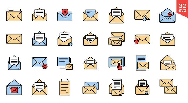 Collection of various email and envelope icons representing communication, messages, and correspondence in a modern flat design style vector