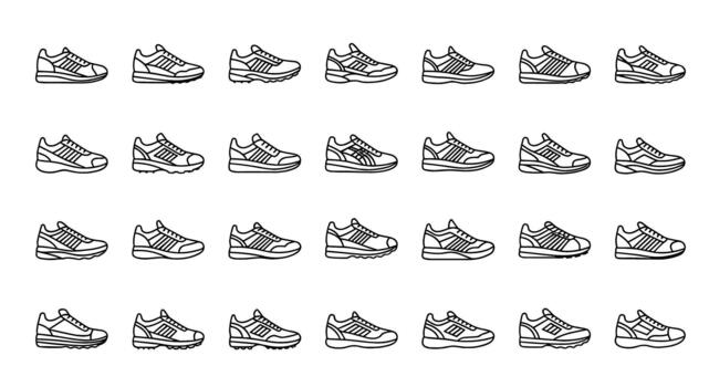 Collection of various athletic running shoe icons in a simple outline style, arranged in rows, isolated on white background vector
