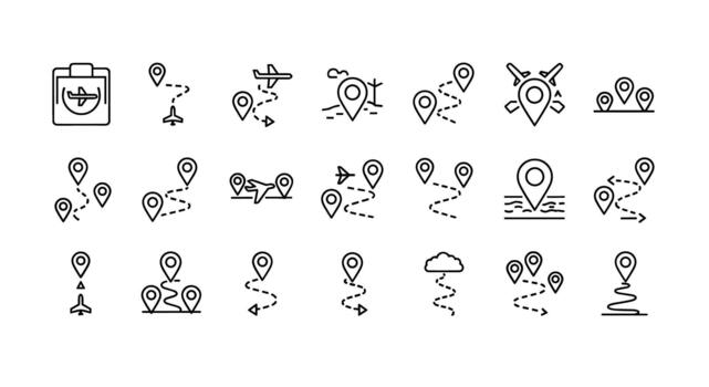 Collection of travel and route icons including airplanes, map pins, and destinations for navigation and journey planning vector