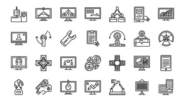 colección de tecnología y industria íconos conjunto con ordenadores, robots, herramientas, y datos análisis gráficos vector