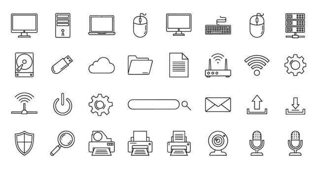 Collection of Technology and Computer Icons Set, representing digital devices, hardware, software, and network elements for modern design vector
