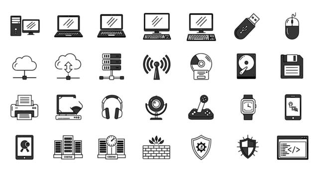 Collection of Technology and Computer Icons and Symbols, Representing Digital Devices, Networking, and Data Storage Concepts vector