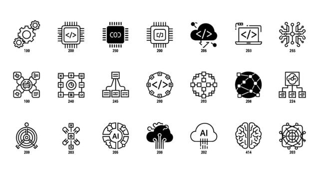 colección de tecnología y ai íconos conjunto presentando engranajes, procesadores, nube informática, y neural redes vector