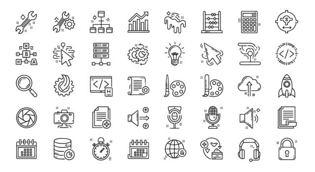 colección de tecnología y negocio íconos y símbolos representando desarrollo, estrategia, y digital procesos en blanco antecedentes. vector