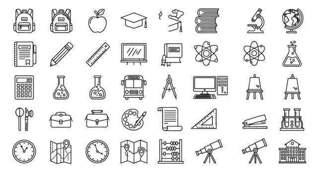 colección de colegio y educación íconos mochila manzana graduación gorra libros microscopio globo computadora calculadora Ciencias matraz autobús vector
