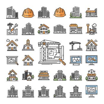Construction Building Icons Set Outline Architectural Elements and Construction Tools for Urban Development and Engineering Projects vector
