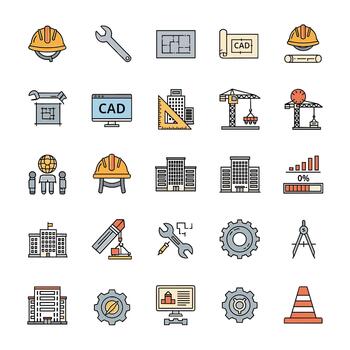 construcción y Ingenieria íconos conjunto presentando cascos, herramientas, edificios, y grúas gráficos vector
