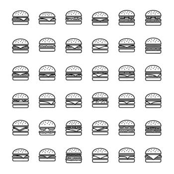 Collection of Various Hamburger Icons with Different Ingredients and Layers Representing Fast Food Variety and Menu Options vector