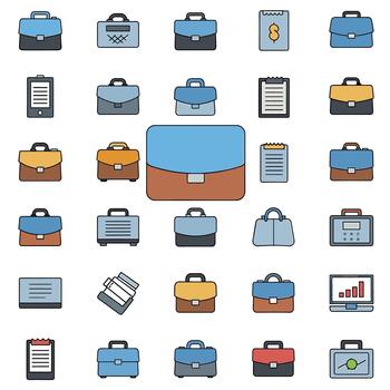 Collection of various business briefcases and modern icons representing different types of bags, isolated on white background. vector