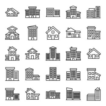 Collection of various building icons and illustrations in a clean outline style, representing different architectural designs and house types vector