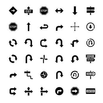 colección de varios flecha símbolos y direccional la carretera señales incluso detener salida desvío y uno camino tráfico íconos vector