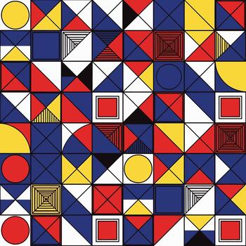 Colorful abstract geometric pattern with squares, triangles, circles, and black lines on white background, seamless pattern, Stock royalty free image. vector