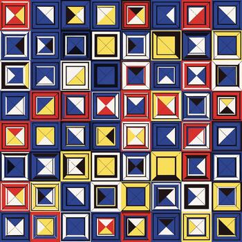 Colorful abstract geometric pattern of squares with various internal shapes and designs, seamless pattern, Stock royalty image. vector