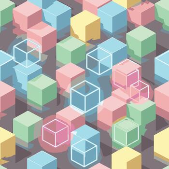 vistoso resumen geométrico modelo presentando isométrica cubitos arreglado al azar en un oscuro fondo, patern sin costura, valores realeza. vector