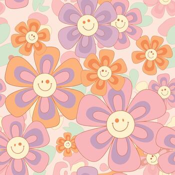 Cheerful retro flower pattern featuring smiling faces and a whimsical repeating design element, seamless pattern, royalty free stock. vector