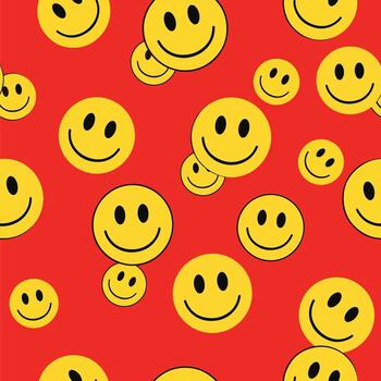 Cheerful yellow smiley face pattern design on a vibrant red background for a joyful feel, seamless pattern, Stock royalty image. vector