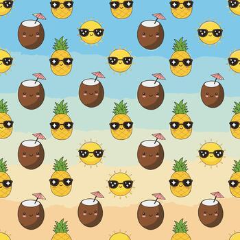 Adorable summer-themed pattern featuring smiling pineapples, coconuts, and suns with sunglasses, seamless pattern, royalty stock. vector