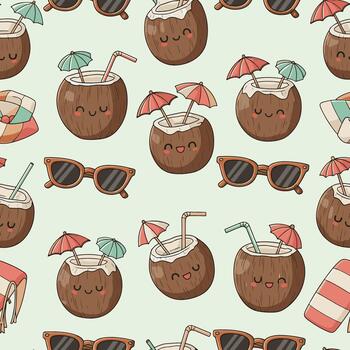 Adorable seamless pattern featuring smiling coconuts, sunglasses, and beach umbrellas on a light green background, patern seamless, Stock royalty image. vector