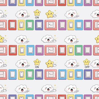 adorable repitiendo modelo de sonriente ligero interruptores, nubes, y estrellas en un ligero gris fondo, patern sin costura, valores realeza gratis. vector