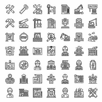 Collection of construction and industry icons representing tools, buildings, and machinery for engineering and building projects vector
