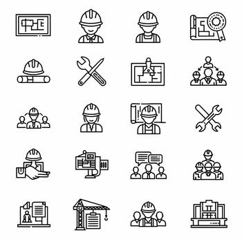 Collection of construction and engineering icons in a linear style, representing blueprints, architects, builders, and tools vector