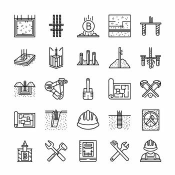 Collection of construction and engineering icons representing building, tools, blueprints, and safety equipment in a modern line art style vector