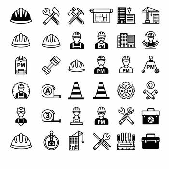 Collection of construction and engineering icons featuring safety helmets blueprints tools and workers on a white background, set vector