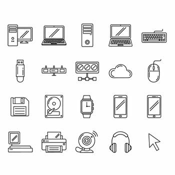 colección de computadora hardware íconos y dispositivos presentando portátiles, escritorios, y periféricos, línea Arte vector