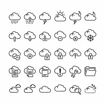 Collection of Cloud Icons Representing Weather Conditions, Data Storage, Security, and System Operations vector