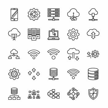 Collection of cloud computing, network, database, and security icons for technology and business concepts vector