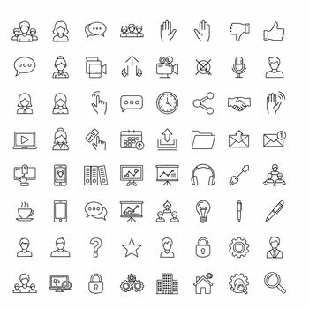 Collection of Business and Technology Icons Featuring People, Communication, Finance, and Data Analysis Tools vector