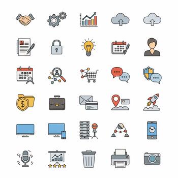 Collection of business and finance icons handshake gears graph cloud lightbulb calendar person folder briefcase envelope map rocket computer server phone microphone presentation trash printer camera vector