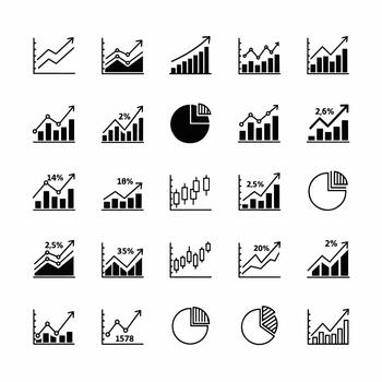 Collection of Business and Finance Charts and Graphs Icons Representing Growth, Data Analysis, and Financial Performance vector