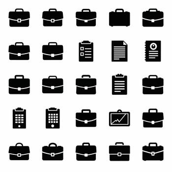Collection of black flat icons representing briefcases, documents, and calculators on a white background vector