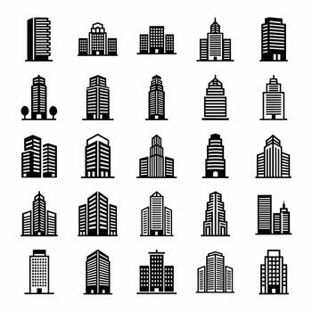 colección de negro y blanco íconos representando varios moderno rascacielos edificios y arquitectura estilos vector