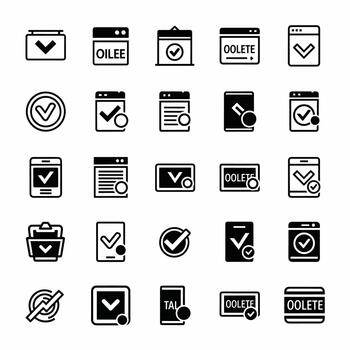 colección de negro y blanco íconos representando tareas, cheques, y progreso, incluso calendario, documento, y digital elementos. vector