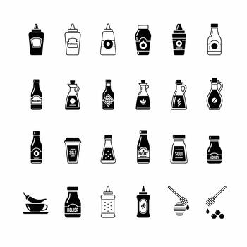 Collection of black and white icons representing various condiments and sauces in bottles and containers vector