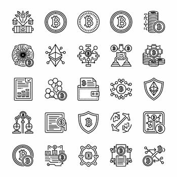 colección de bitcoin y criptomoneda íconos representando blockchain tecnología, digital finanzas, y seguro actas en un moderno estilo vector