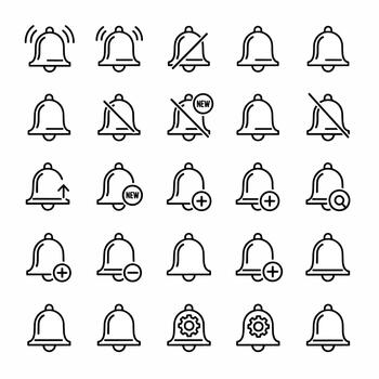 Collection of Bell Icons Featuring Alerts Notifications New Symbols Add Remove Settings And Search Functions vector