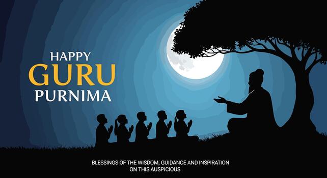 Happy Guru Purnima Greeting Card with Guru Teaching Disciples under a Tree under the Moon vector
