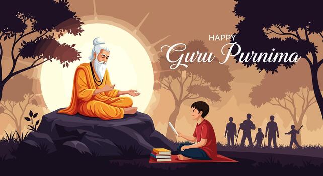 Happy Guru Purnima Celebration, a wise Guru teaching a young student in a serene natural setting with people in the background vector