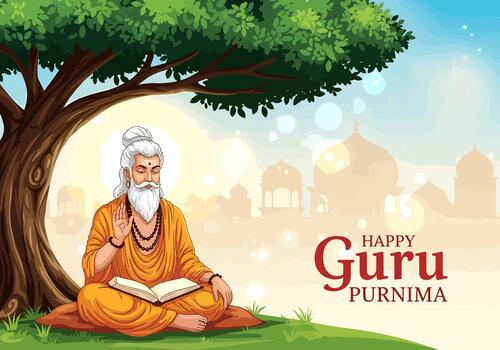 gurú purnima celebracion con un sabio sabio meditando debajo un árbol y tradicional indio arquitectura en antecedentes vector