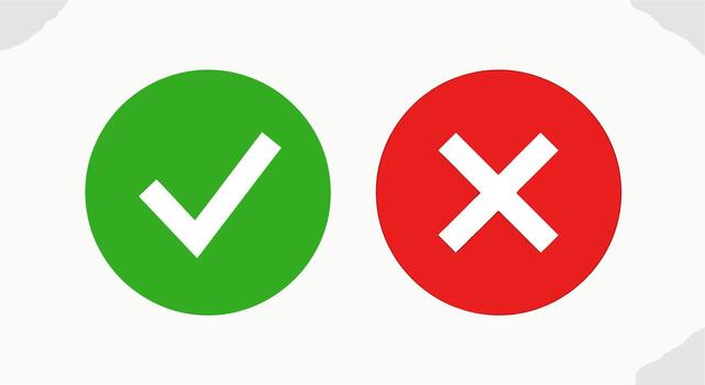 Green Check Mark Icon and Red Cross Mark Icon on White Background, Simple Symbols for Correct and Incorrect Choices vector