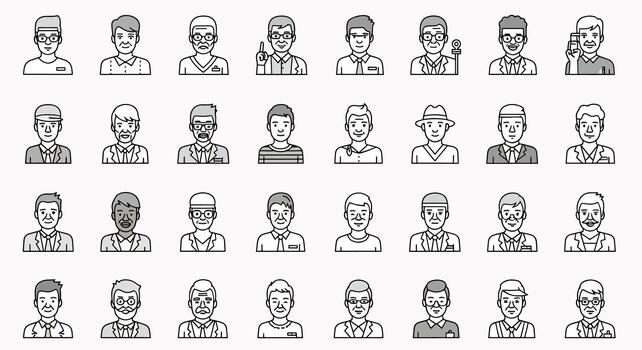 Diverse collection of male avatars icon set, representing different ages and styles with clear outline and simple design. vector