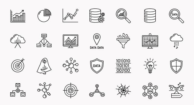 Data icons set collection representing analytics charts graphs database cloud computing and network connections for digital information vector