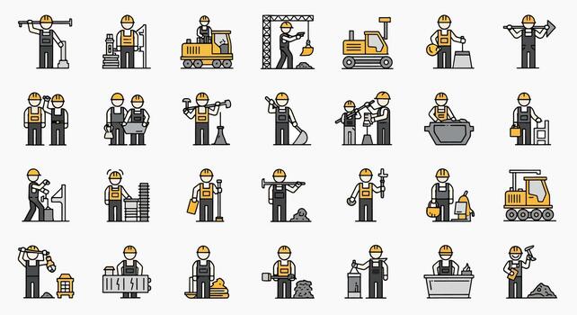 construcción trabajadores ejecutando varios manual labor Tareas con herramientas y pesado maquinaria en un blanco fondo, plano diseño vector