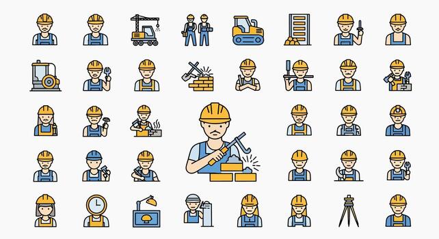 Construction worker icons set isolated on white background, builder, carpenter, mason, engineer, and architect characters, illustration vector